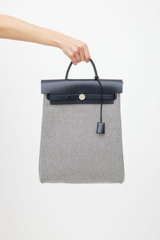Hermès Navy & White Canvas Herbag PM Leather Backpack