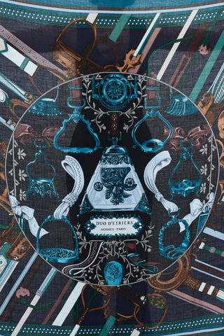 Hermès Navy Cashmere & Silk Duo D'Étries 140 Print Shawl