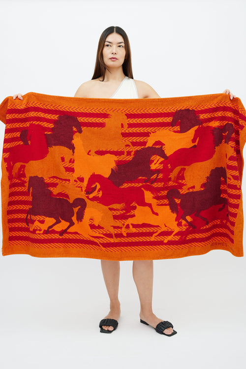 Hermès Orange & Red Cotton Horses Printed Towel