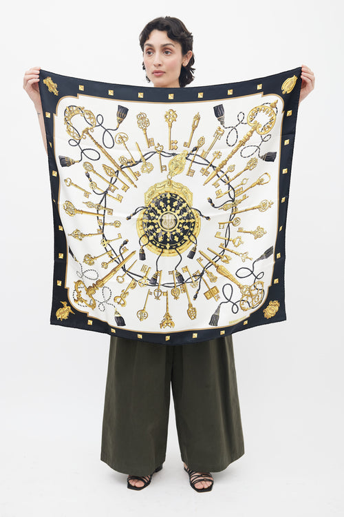 White & Gold Les Cles 90 Print Scarf