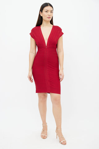 Hervé Léger Red Bandage Front Zip Midi Dress