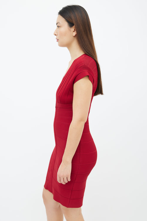 Hervé Léger Red Bandage Front Zip Midi Dress