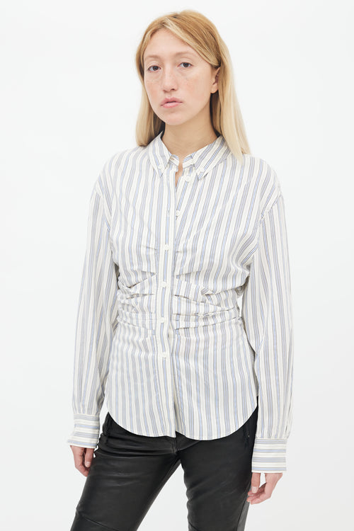 Isabel Marant White & Blue Silk Stripe Ruched Shirt
