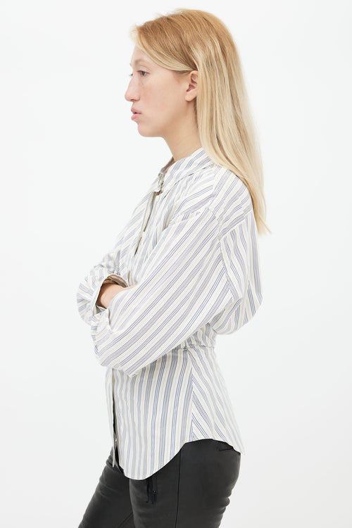 Isabel Marant White & Blue Silk Stripe Ruched Shirt