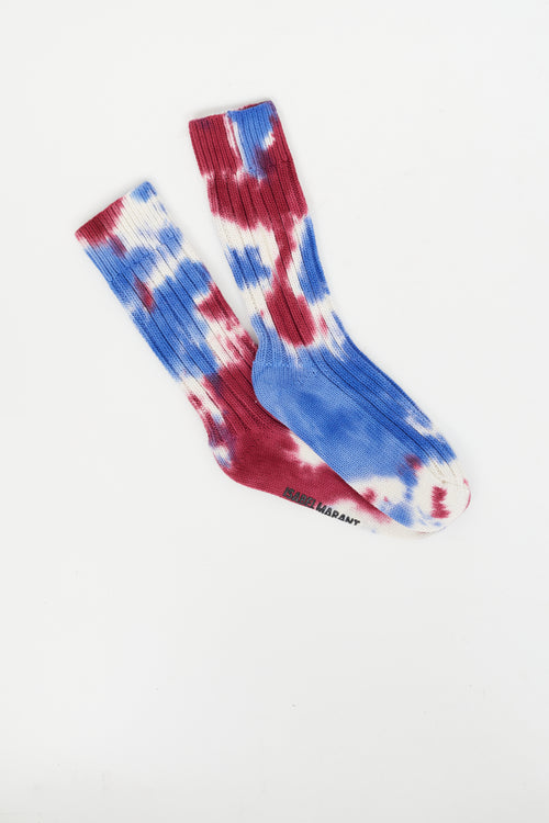Isabel Marant Blue, Burgundy & Cream Cotton Silara Tie & Dye Sock