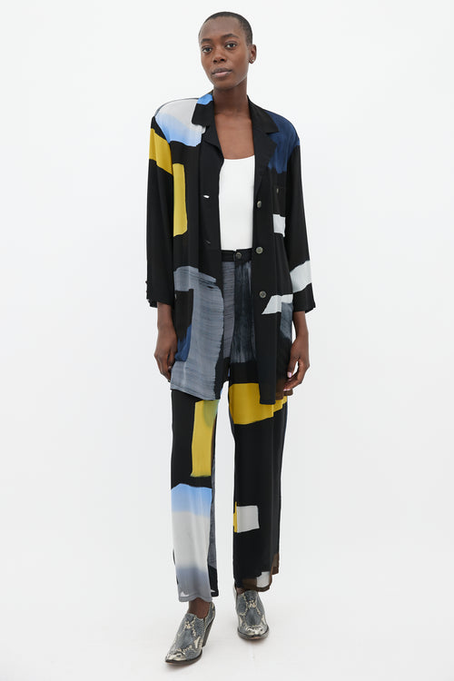 Issey Miyake Black, Blue & Yellow Silk Shirt & Trouser Co-Ord Set