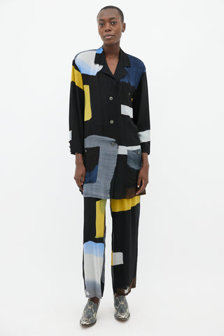 Issey Miyake Black, Blue & Yellow Silk Shirt & Trouser Co-Ord Set