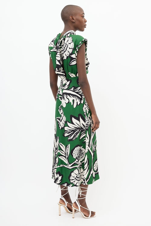 Johanna Ortiz Green & Cream Floral Print Midi Dress