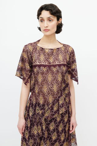Junya Watanabe Burgundy & Yellow Lace Embroidery Dress