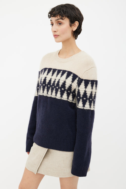Khaite Navy & Cream Romme Diamond Jacquard Cashmere Sweater