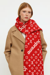 LOUIS VUITTON × Supreme Scarf Red White Wool Cashmere Unisex Authentic