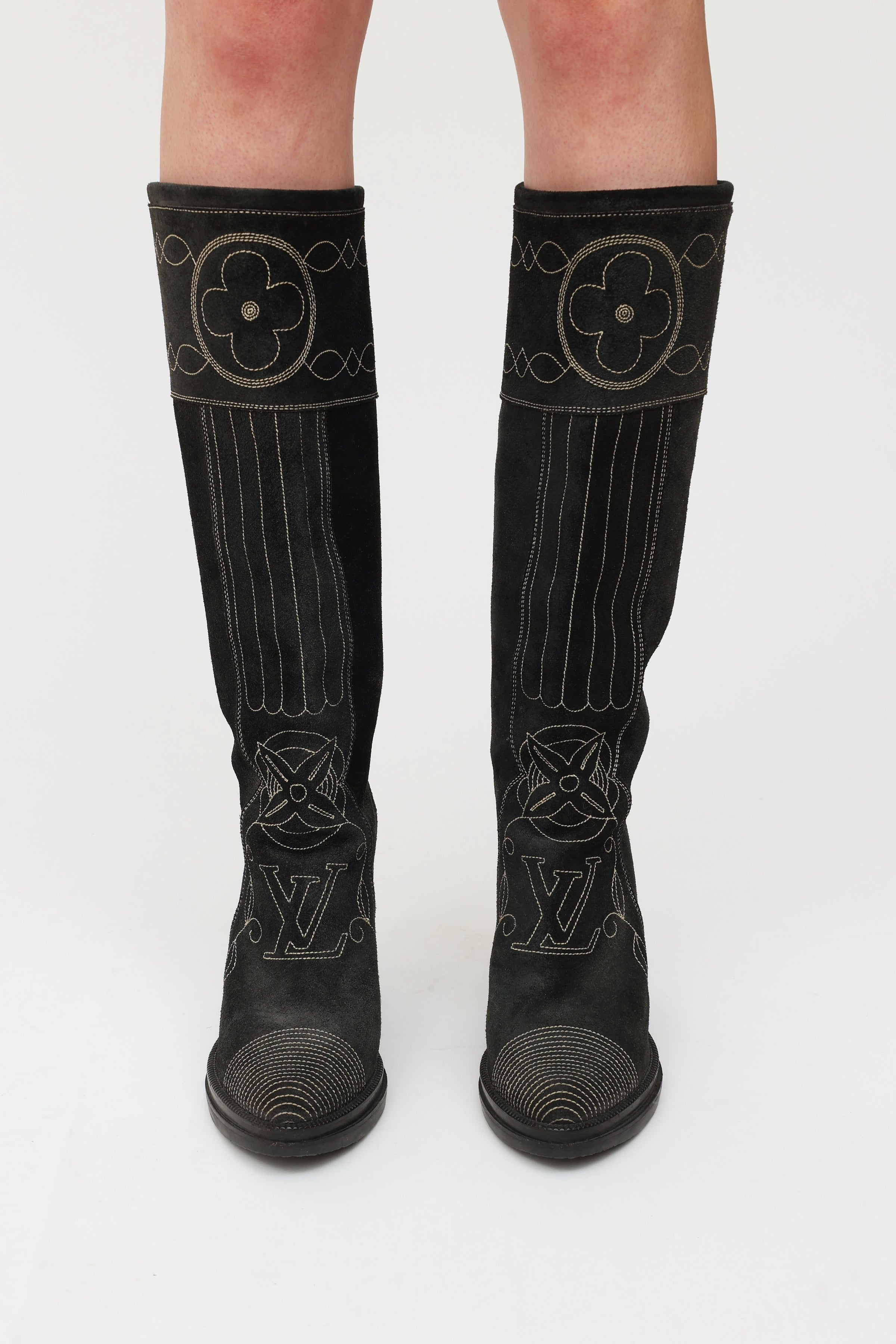 Louis Vuitton // Grey Suede Embroidered Western Boots – VSP