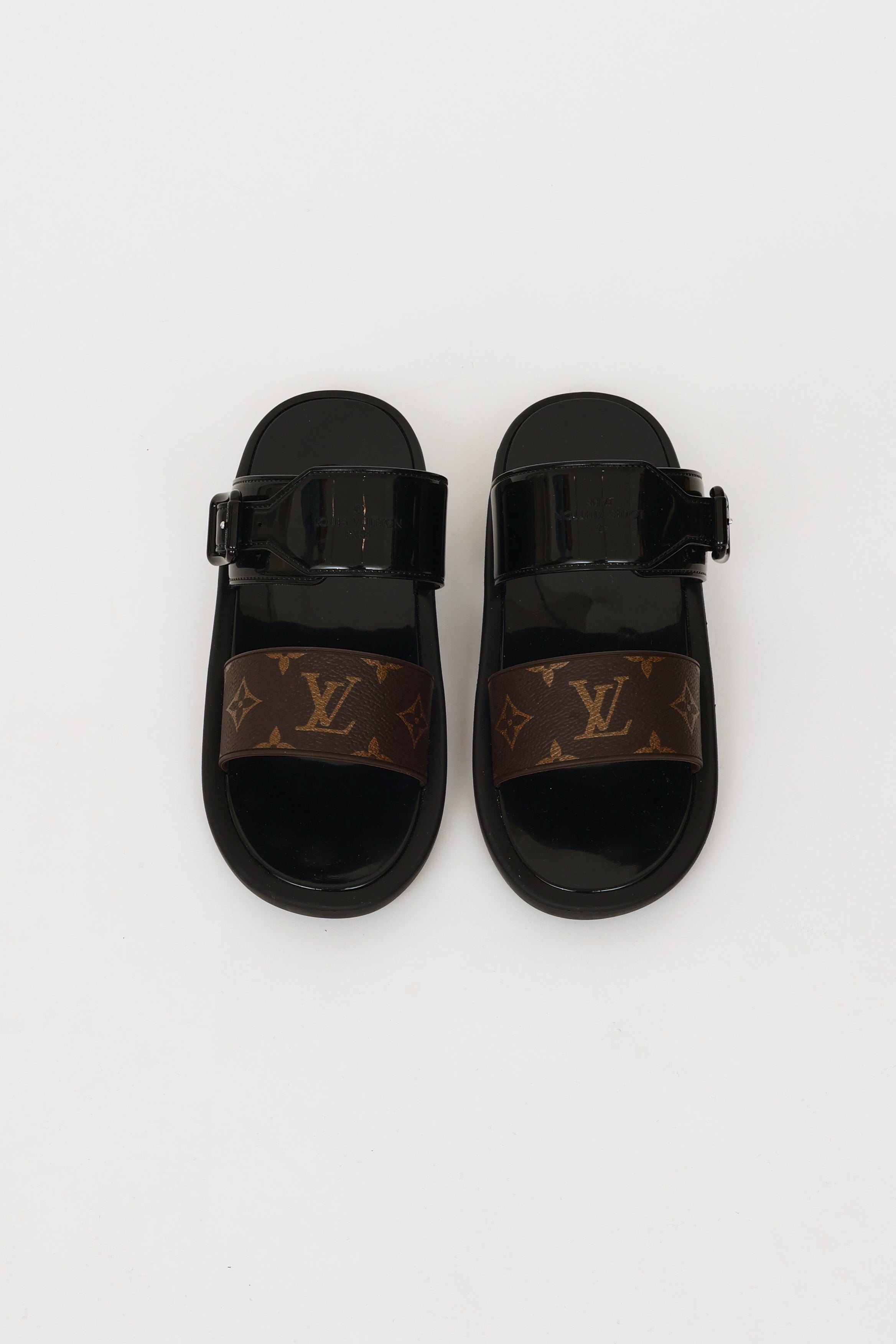 LOUIS VUITTON Monogram Sunbath Flat Mule Sandals 36 Black 1288451
