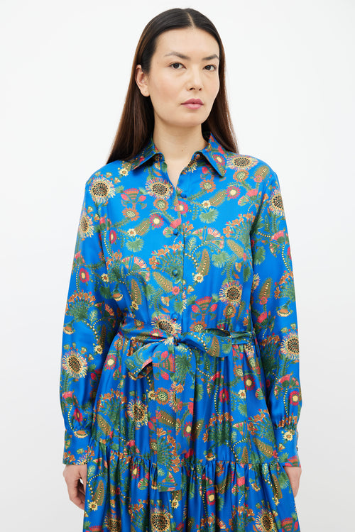 La DoubleJ Blue & Multi Bellini Floral Print Belted Dress