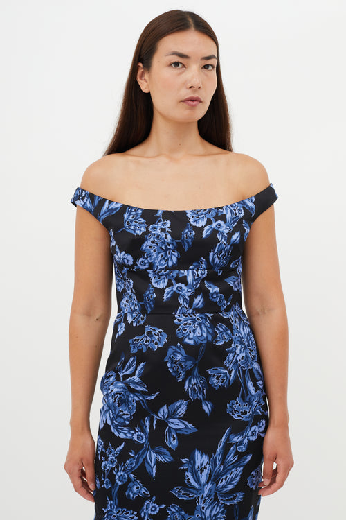 Lela Rose Black & Blue Floral Print Dress