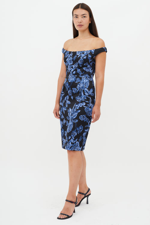 Lela Rose Black & Blue Floral Print Dress