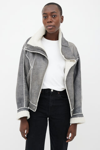 Loewe Grey Leather Sherpa Crop Jacket