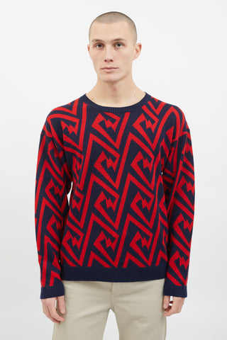 Loewe Red & Navy Wool Geometric Pattern Design Sweater
