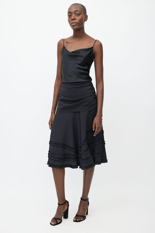 Louis Vuitton Black Silk Ruffle Midi Skirt