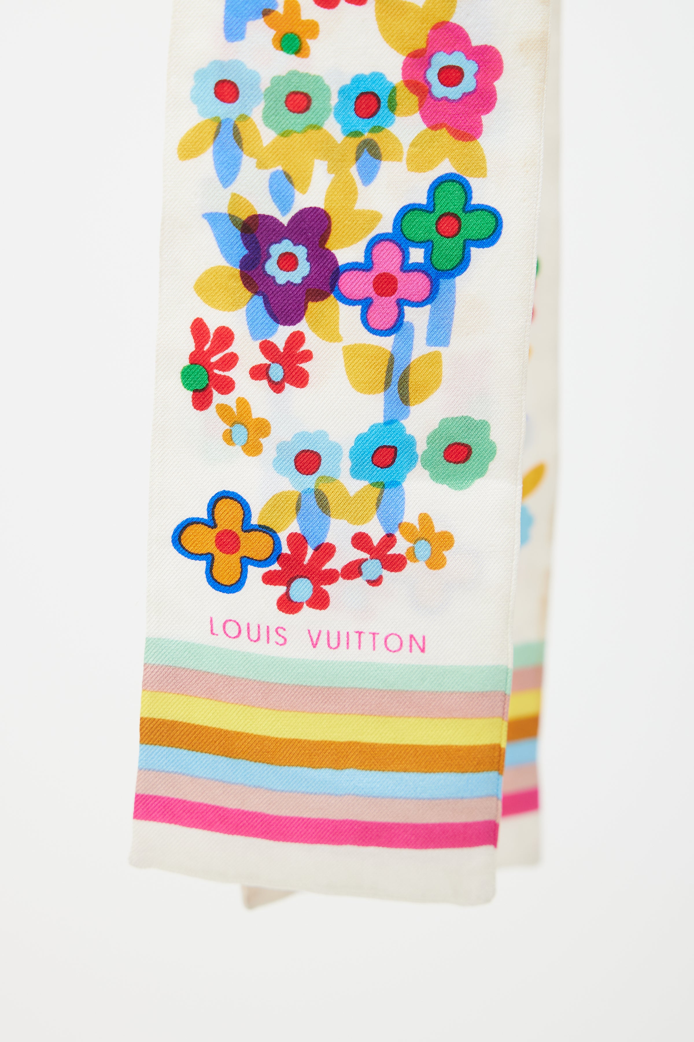 Louis Vuitton // White Multicolor Takashi Murakami Floral Silk Twilly Scarf  – VSP Consignment