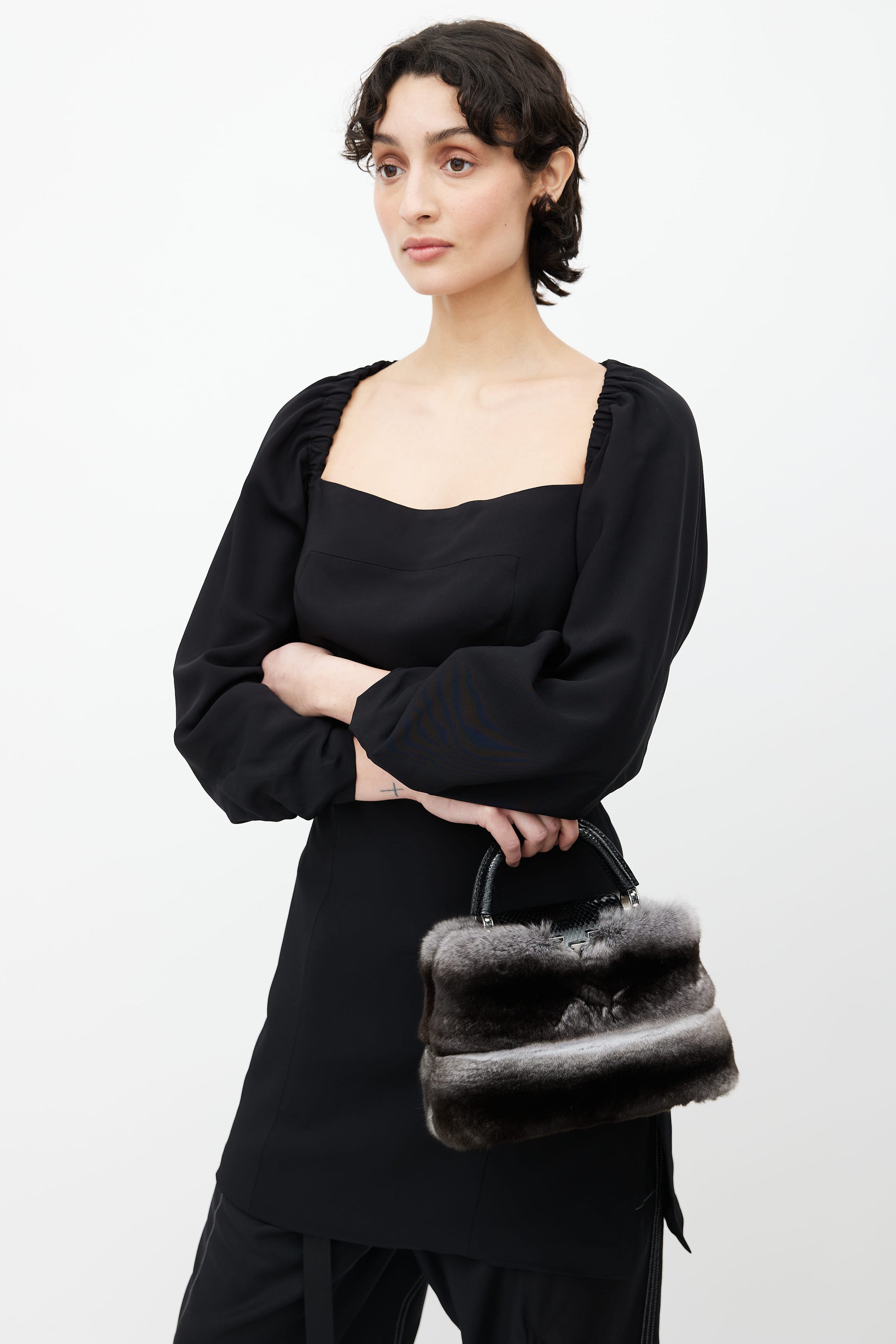 Louis Vuitton // Black Exotic Leather & Grey Fur Capucines BB Shoulder Bag  – VSP Consignment