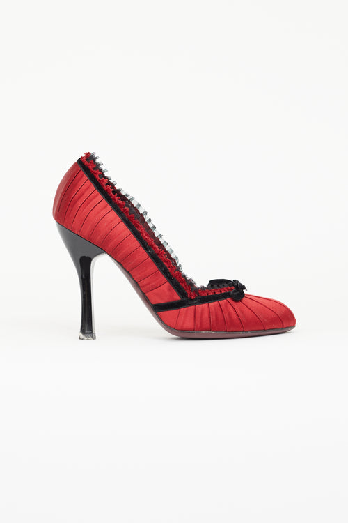 Louis Vuitton Red Satin & Black Velvet Trim Bow Pump