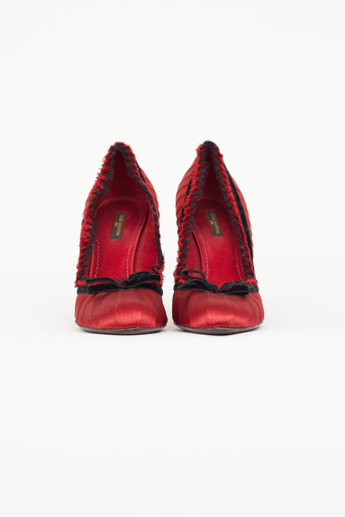 Louis Vuitton Red Satin & Black Velvet Trim Bow Pump