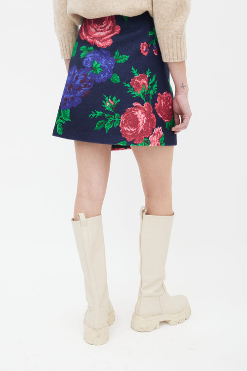 MSGM Navy Floral Print Wrap Skirt