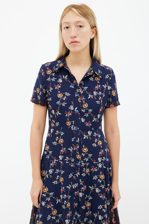 Maison Margiela Navy Floral Print Asymmetrical Shirt Dress