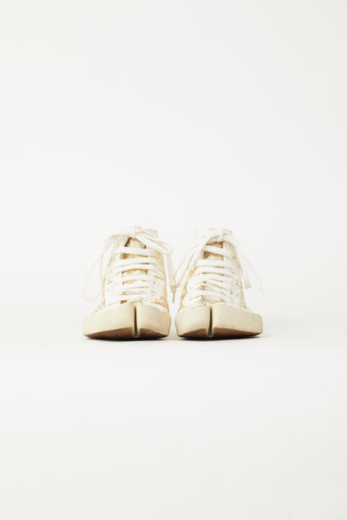 Maison Margiela Gold-Tone Leather & White Paint Tabi High-Top Sneaker