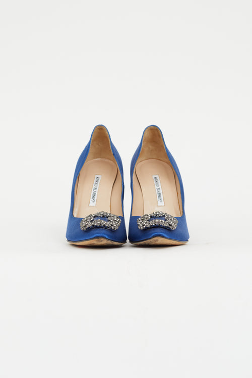 Manolo Blahnik Blue Satin Hangisi Embellished Pump