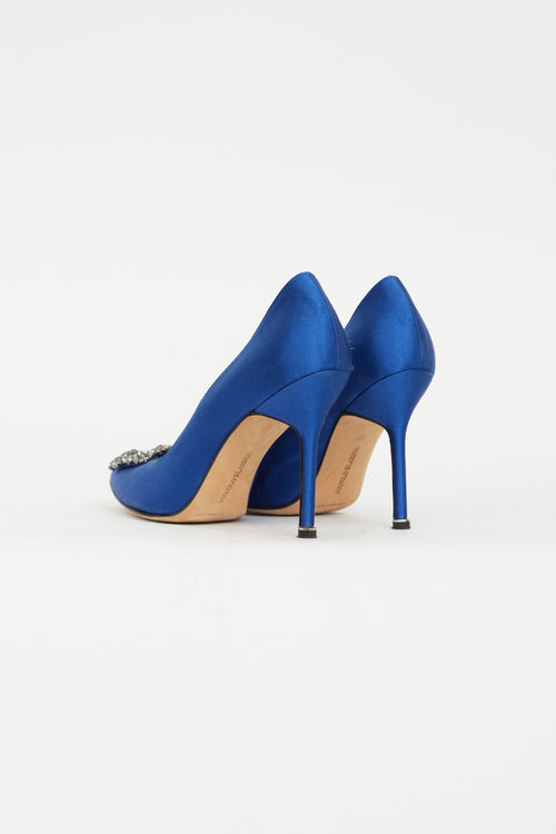 Manolo Blahnik Blue Satin Hangisi Embellished Pump