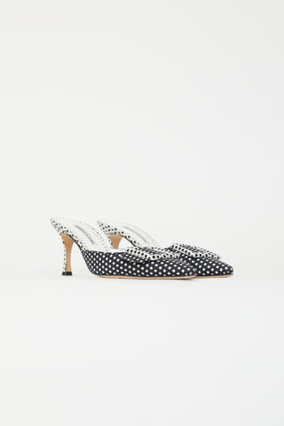 Manolo Blahnik Navy & White Polka Dot Buckle Mule