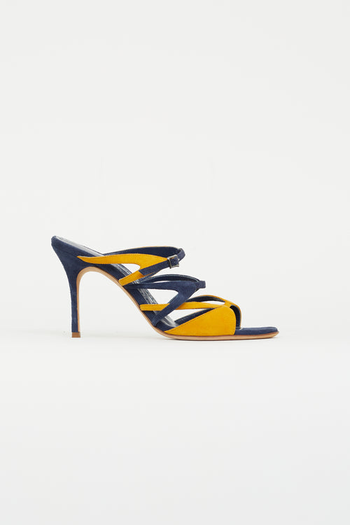 Manolo Blahnik Navy & Yellow Suede Bassar Strappy Heel