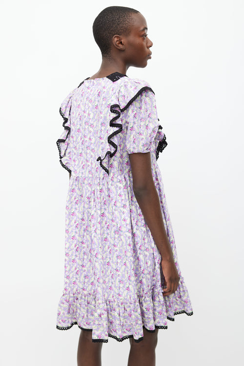 Marc Jacobs Purple Cotton Printed Floral Lace Trim Dress