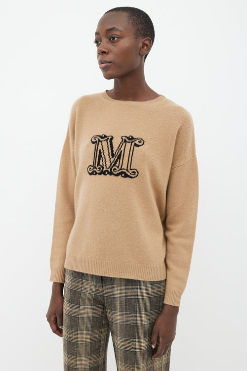 Max Mara Brown Knit Black Logo Sweater