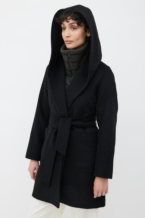 Max Mara Black Wool Shawl Collar Hood Coat