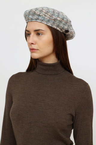 Maison Michel Blue & White Tweed Beret