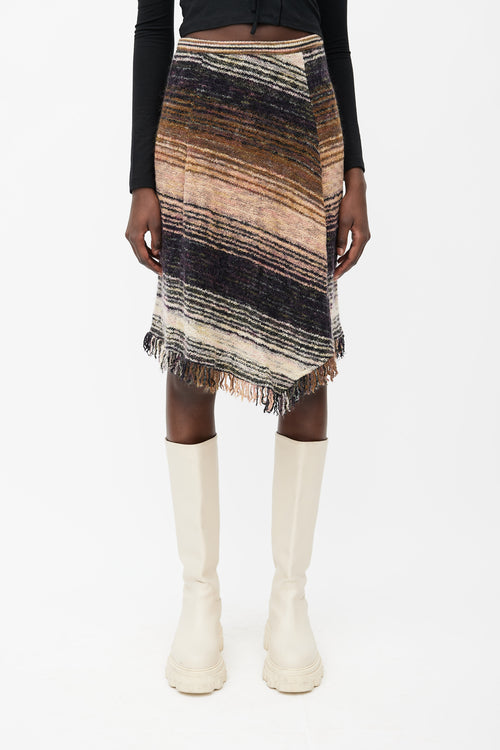 Missoni Brown, Black & Pink Wool Knit Stripe Fringed Skirt