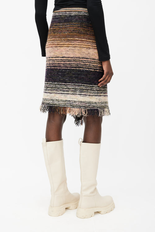 Missoni Brown, Black & Pink Wool Knit Stripe Fringed Skirt