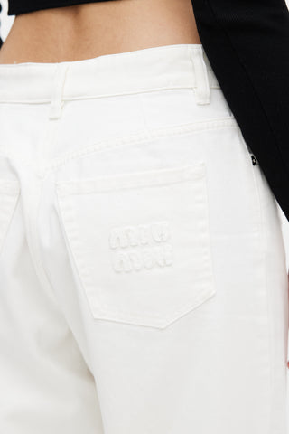 Miu Miu White Embroidered Logo Wide Leg Jeans