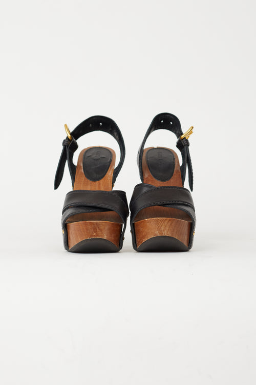 Miu Miu Black Leather Slingback Wood Platform Sandal Heel