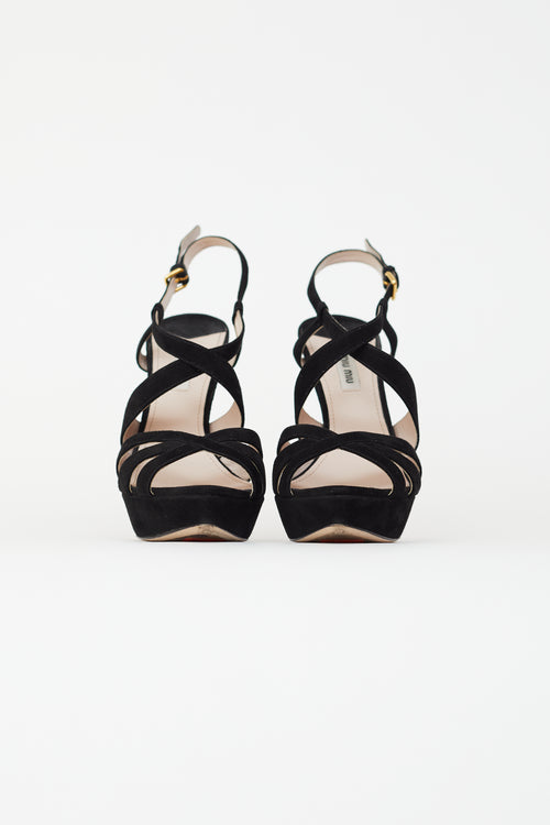 Miu Miu Black Suede Multi Straps Platform Sandal Heel