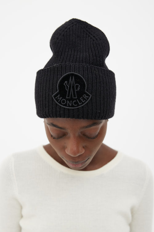 Moncler Black Berretto Tricot Wool Ribbed Beanie
