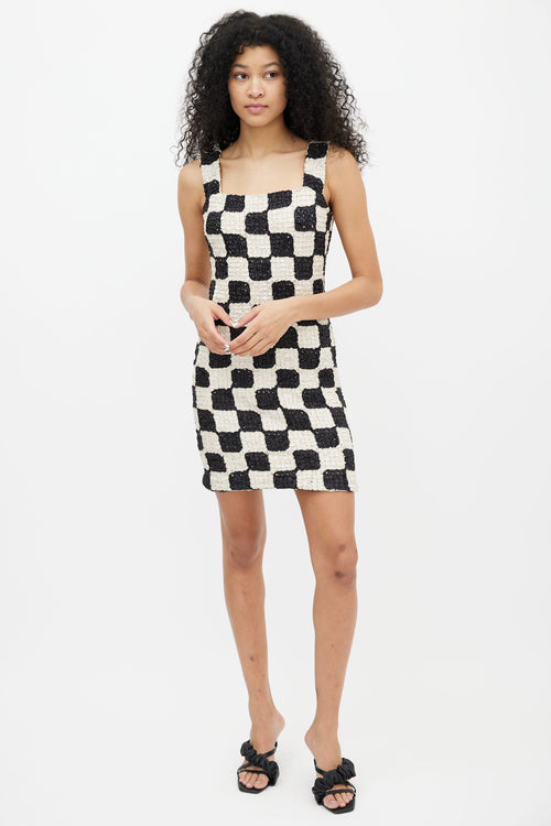 Nanushka Cream & Black Pleated Checkered Shift Dress