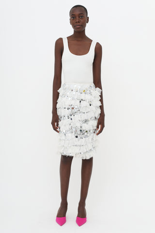 Nina Ricci White & Silver-Tone SS14 Embellished Ruffle Skirt