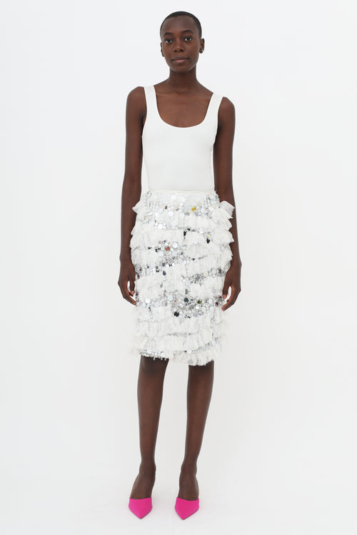 Nina Ricci White & Silver-Tone SS14 Embellished Ruffle Skirt