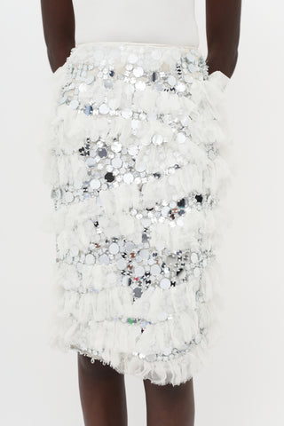 Nina Ricci White & Silver-Tone SS14 Embellished Ruffle Skirt