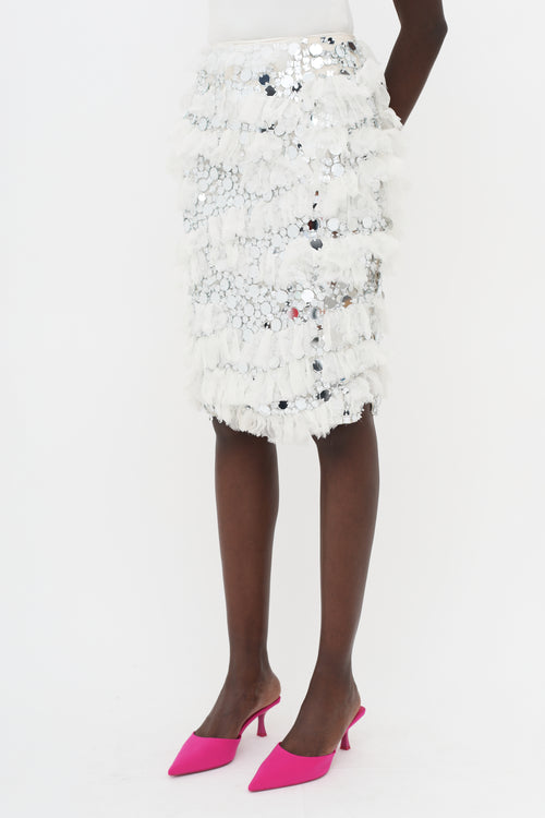 Nina Ricci White & Silver-Tone SS14 Embellished Ruffle Skirt