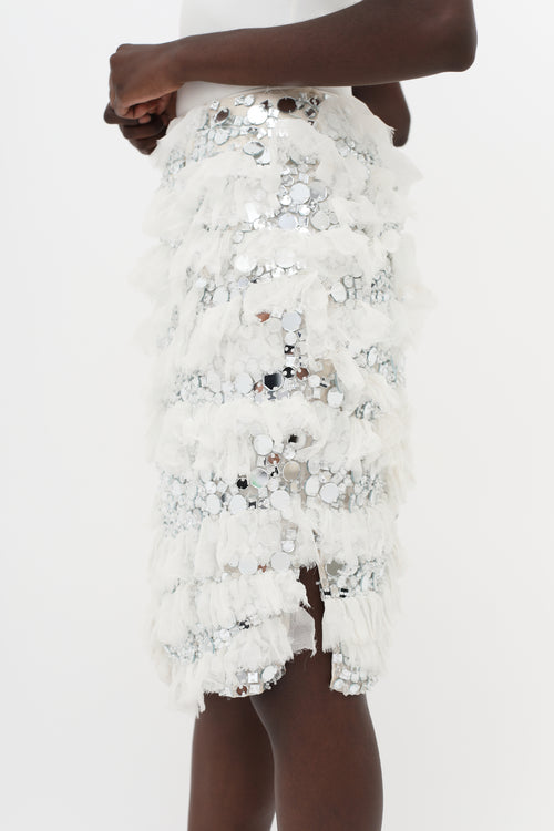 Nina Ricci White & Silver-Tone SS14 Embellished Ruffle Skirt
